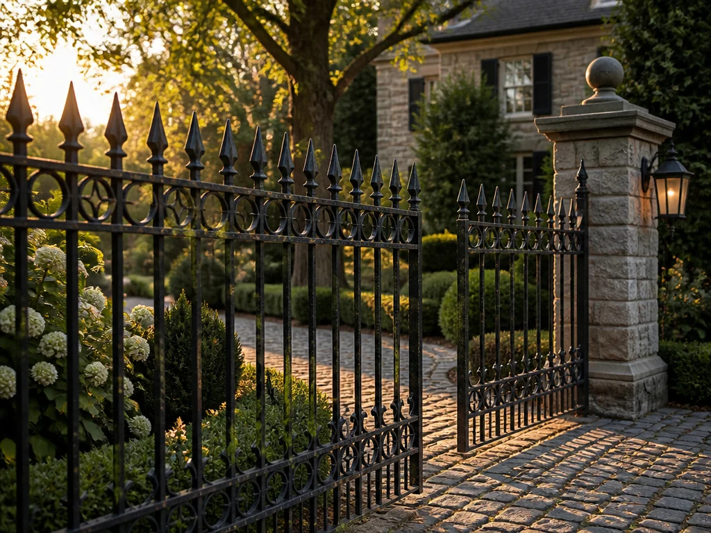 Elegant black ornamental steel fence with spear-top pickets at an upscale Fort Collins home